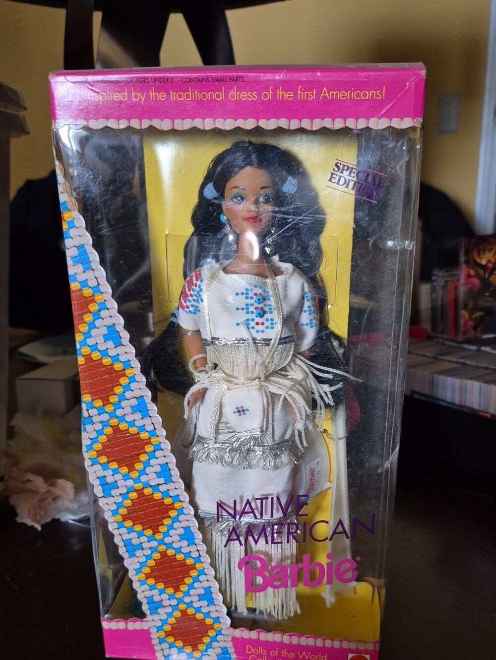 Barbie Native American Doll in White Dress with Blue and Red Beadwork